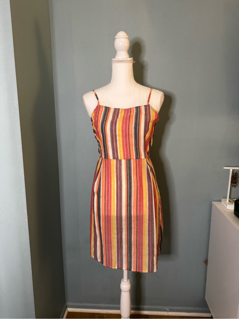 EUC Linen Blend Y2K Neutral Stripe Multicolor Adjustable Tie Back Sun Dress M
